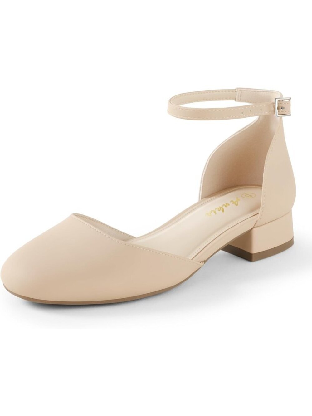 Women's Nude Nu Buck Closed Toe 1 Inch Flat Low Block Heel Ankle Strap Shoes